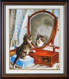 X-1142, Kitty and the miror The cross stitch kit contains: DMC cotton thread, 16 count cotton Aida Zweigart, needle, color chart and instructions