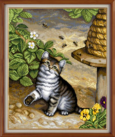 X-1143, Kitty and bees The cross stitch kit contains: DMC cotton thread, 16 count cotton Aida Zweigart, needle, color chart and instructions