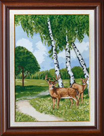 X-1147, Birches and reindeer cross stitch kit contains: DMC cotton thread, 16 count cotton Aida Zweigart, needle, color chart and instructions. Size