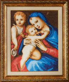 Madonna and Child with the Infant St John the Baptist The cross stitch kit contains: DMC cotton thread, 16 count cotton Aida Zweigart, needle, color chart and instructions. Size (23 x 31cm) Price: 30,60 � 