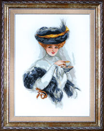 Art. � 814 - Finished cross stitch for sale: "Afternoon tea lady" - 1 pc. in stock Used materials: DMC cotton thread, 16 ct cotton Aida Zweigart, Size: 28 x 37.5 cm Frame included. Price: 390 � 